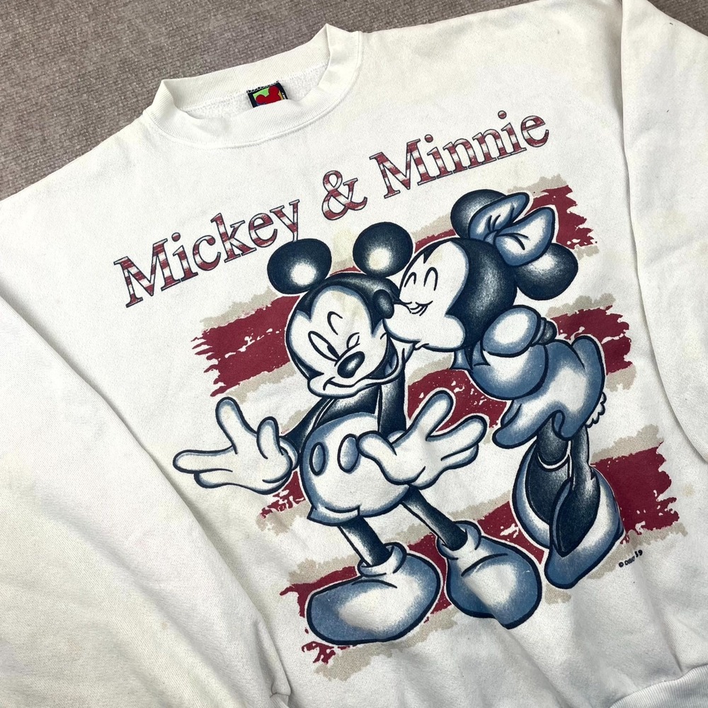 Disney Mickey & Minnie Sweatshirt Mens White Fleece Lined Crew Neck Oversized
